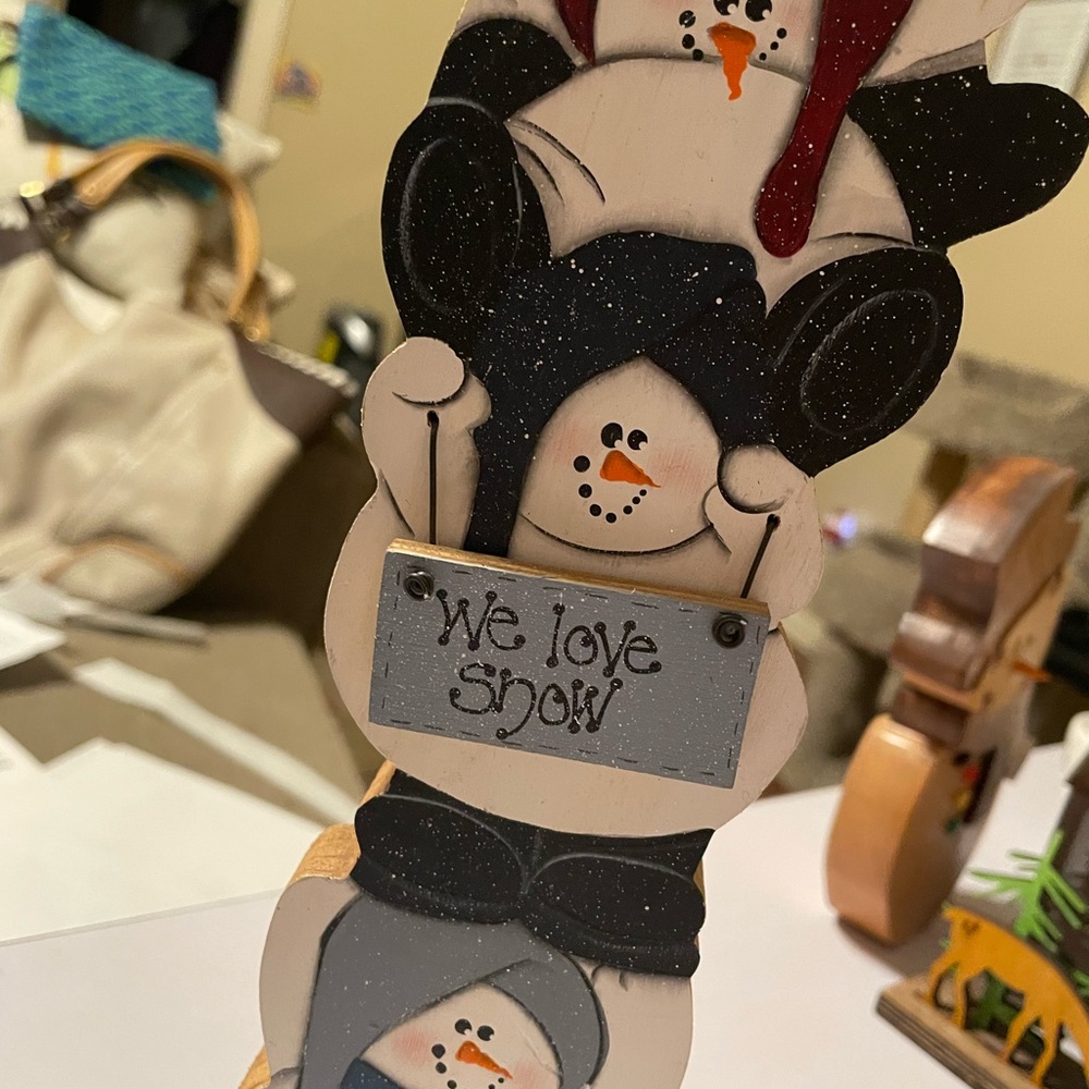 Multi Tier Snowman We Love Snow Wooden Statue Decor - Picture 6 of 8